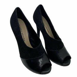 Audrey Brooke Black Suede Leather Peep Toe Stiletto High Heels Pumps